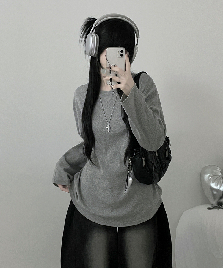넉넉오버핏무지라운드긴팔티셔츠 회색