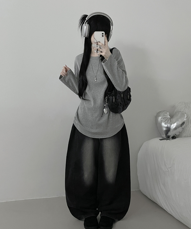 넉넉오버핏무지라운드긴팔티셔츠 회색