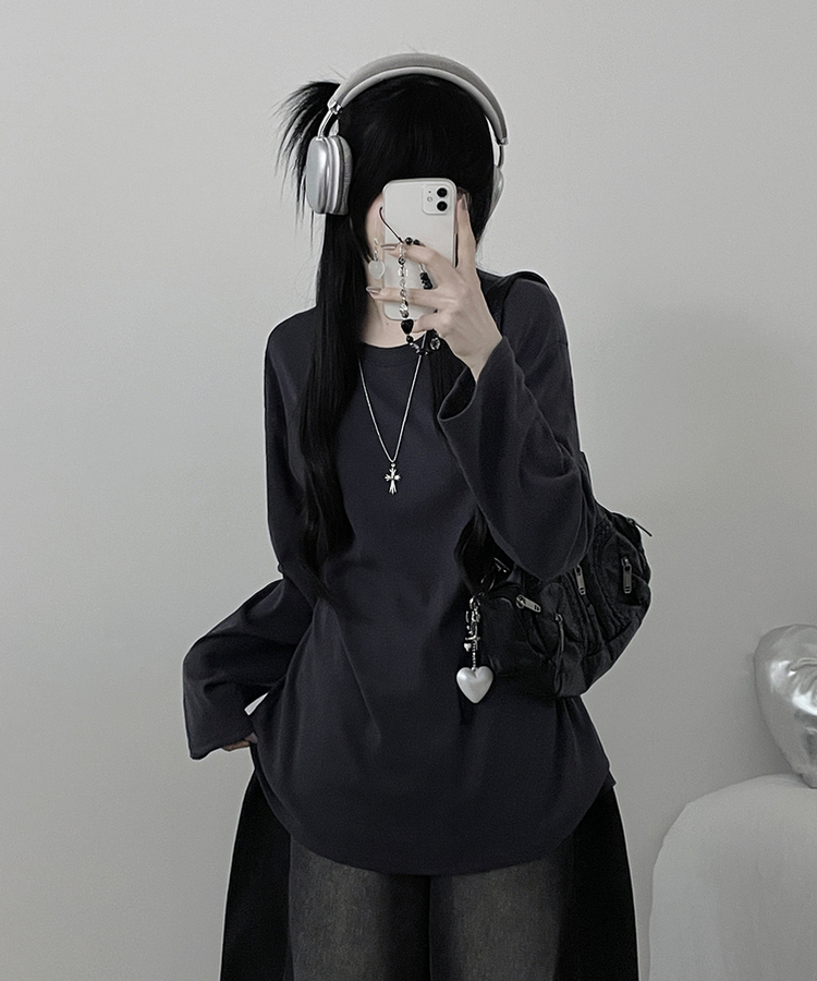 넉넉오버핏무지라운드긴팔티셔츠 먹색