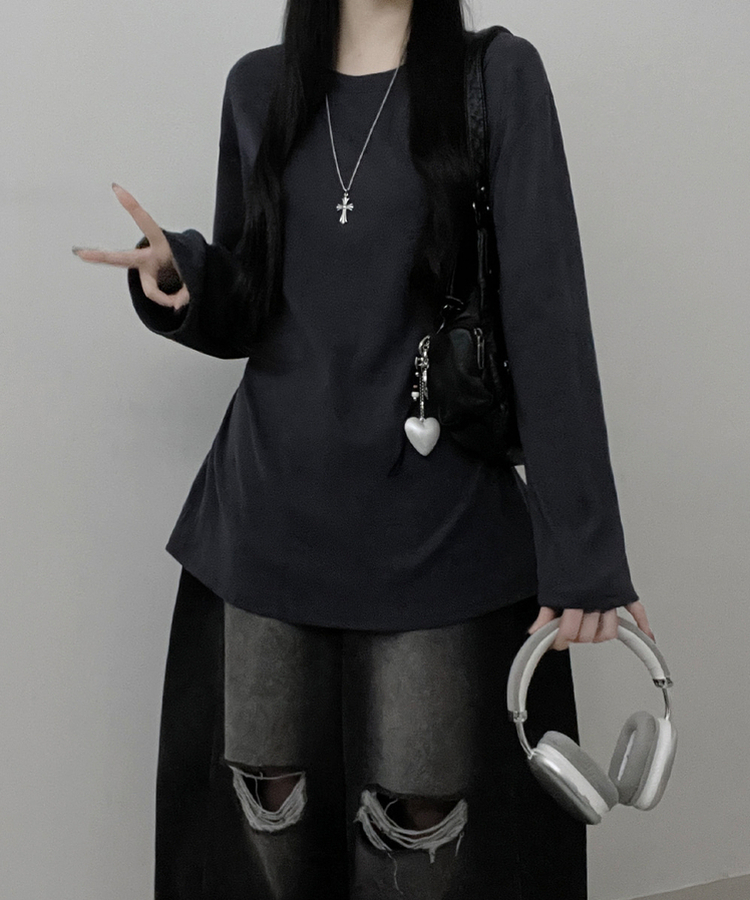 넉넉오버핏무지라운드긴팔티셔츠 먹색