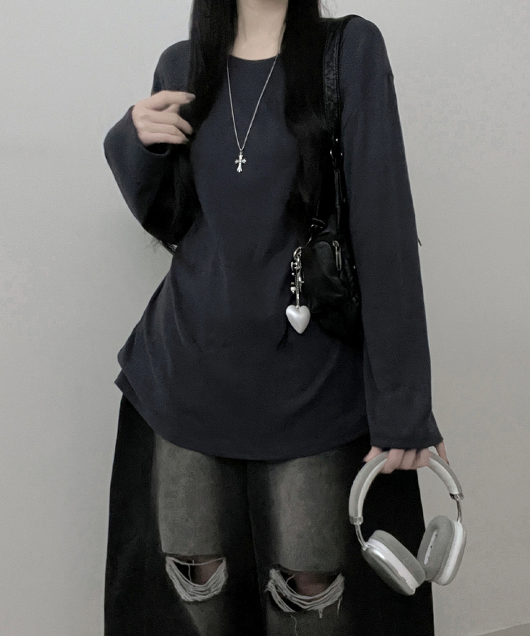 넉넉오버핏무지라운드긴팔티셔츠 먹색