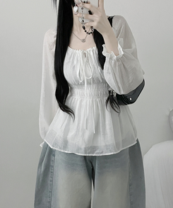 シフォンリボンフリルブラウス WHITE