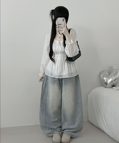 シフォンリボンフリルブラウス WHITE