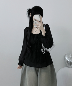 シフォンリボンフリルブラウス BLACK