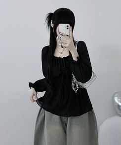 シフォンリボンフリルブラウス BLACK