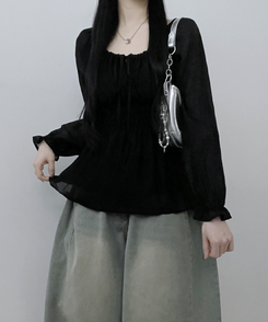 シフォンリボンフリルブラウス BLACK