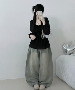 シフォンリボンフリルブラウス BLACK