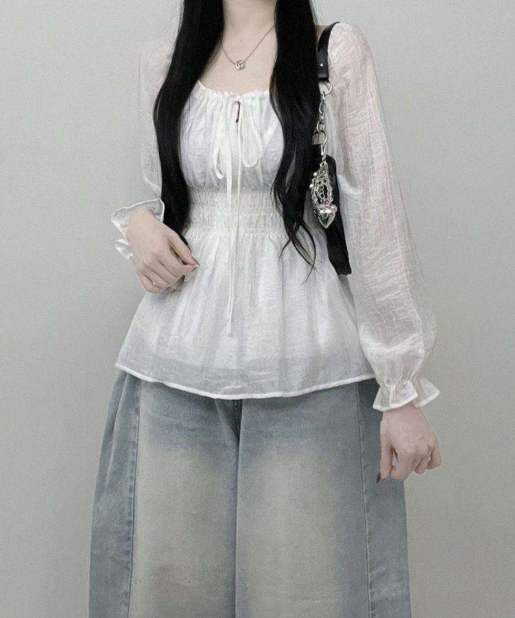 シフォンリボンフリルブラウス WHITE