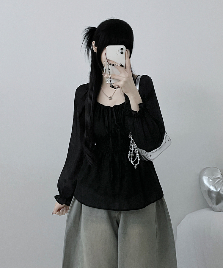 シフォンリボンフリルブラウス BLACK