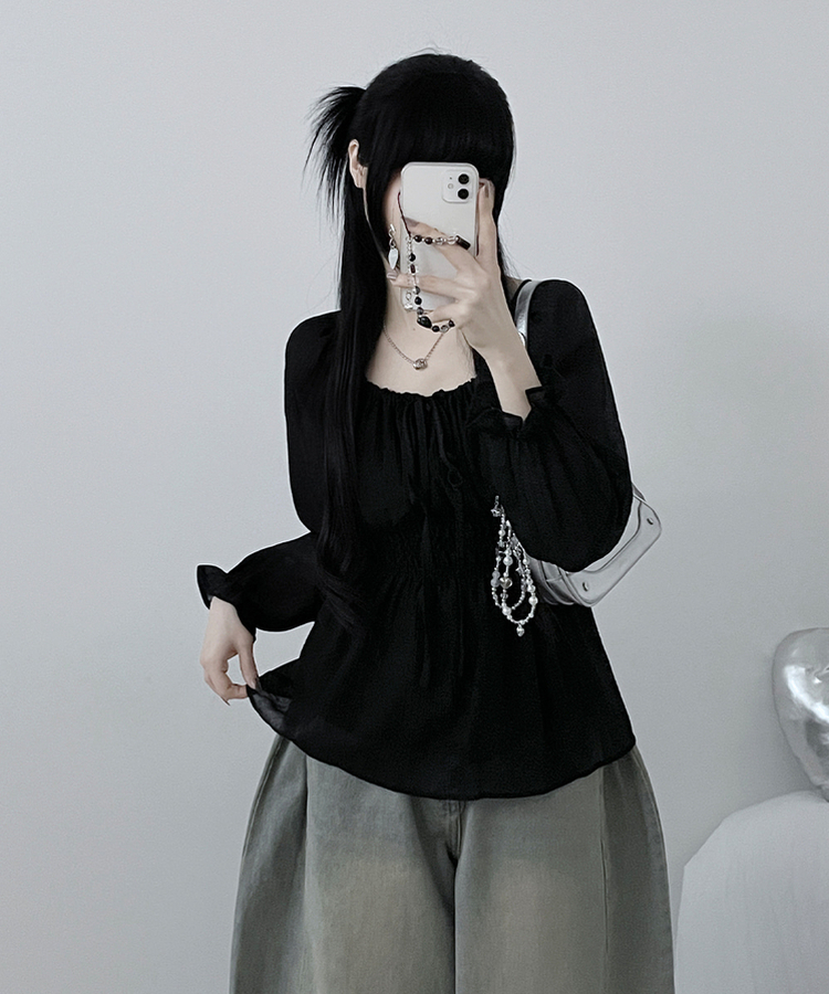 シフォンリボンフリルブラウス BLACK