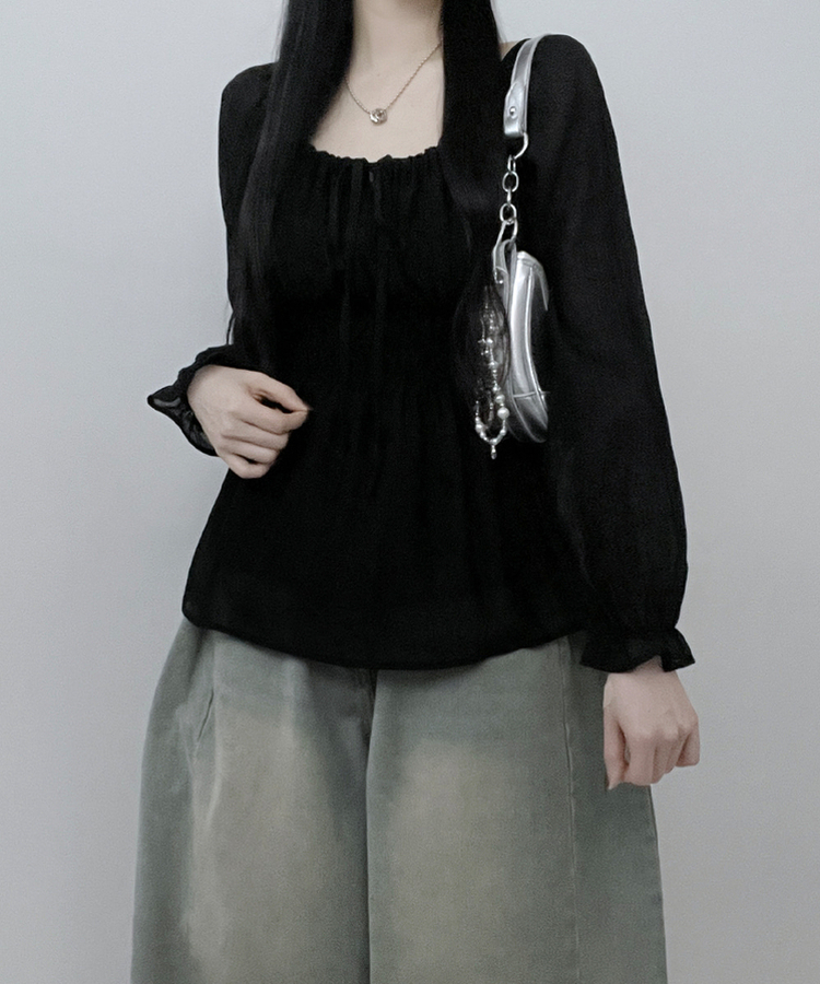 シフォンリボンフリルブラウス BLACK