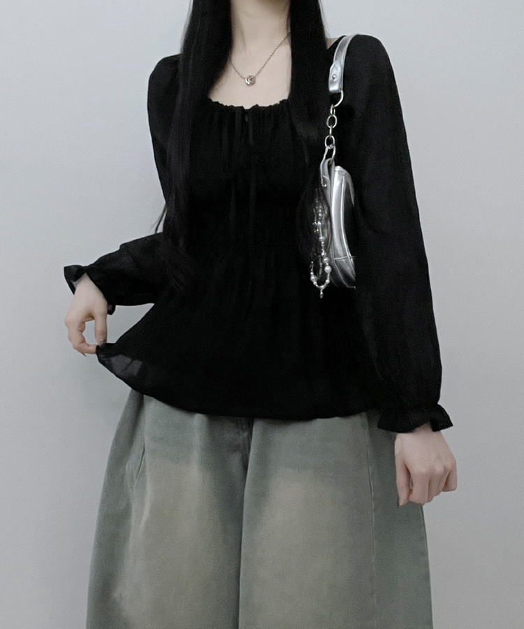 シフォンリボンフリルブラウス BLACK