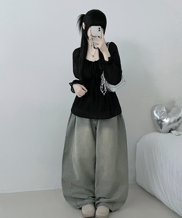 シフォンリボンフリルブラウス BLACK