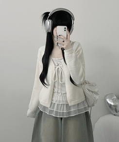 럽유프릴레이어드나시원피스리본끈니트가디건세트 아이보리