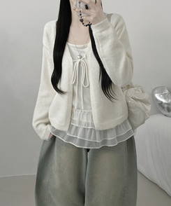럽유프릴레이어드나시원피스리본끈니트가디건세트 아이보리