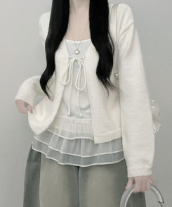 럽유프릴레이어드나시원피스리본끈니트가디건세트 아이보리
