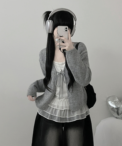 럽유프릴레이어드나시원피스리본끈니트가디건세트 그레이