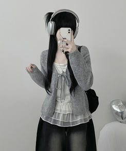 럽유프릴레이어드나시원피스리본끈니트가디건세트 그레이