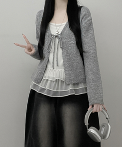 럽유프릴레이어드나시원피스리본끈니트가디건세트 그레이