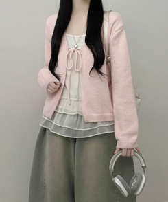 럽유프릴레이어드나시원피스리본끈니트가디건세트 핑크