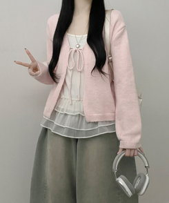 럽유프릴레이어드나시원피스리본끈니트가디건세트 핑크