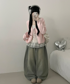 럽유프릴레이어드나시원피스리본끈니트가디건세트 핑크