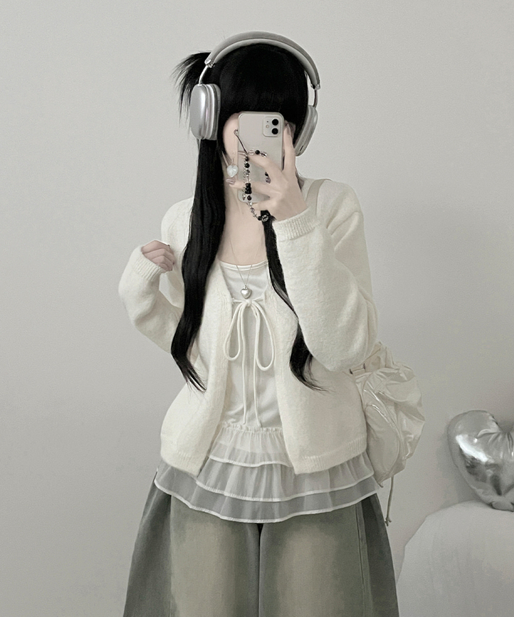 럽유프릴레이어드나시원피스리본끈니트가디건세트 아이보리