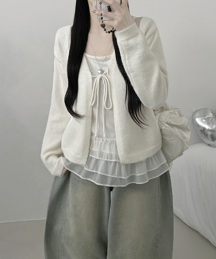 럽유프릴레이어드나시원피스리본끈니트가디건세트 아이보리