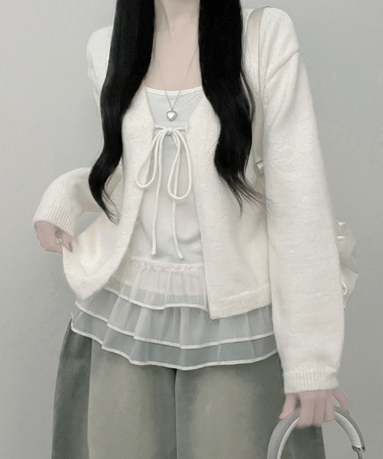 럽유프릴레이어드나시원피스리본끈니트가디건세트 아이보리