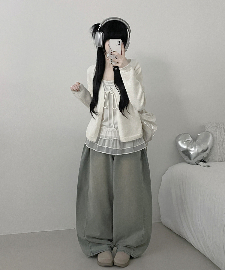 럽유프릴레이어드나시원피스리본끈니트가디건세트 아이보리