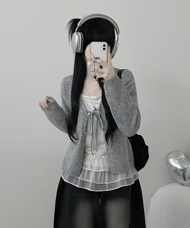 럽유프릴레이어드나시원피스리본끈니트가디건세트 그레이