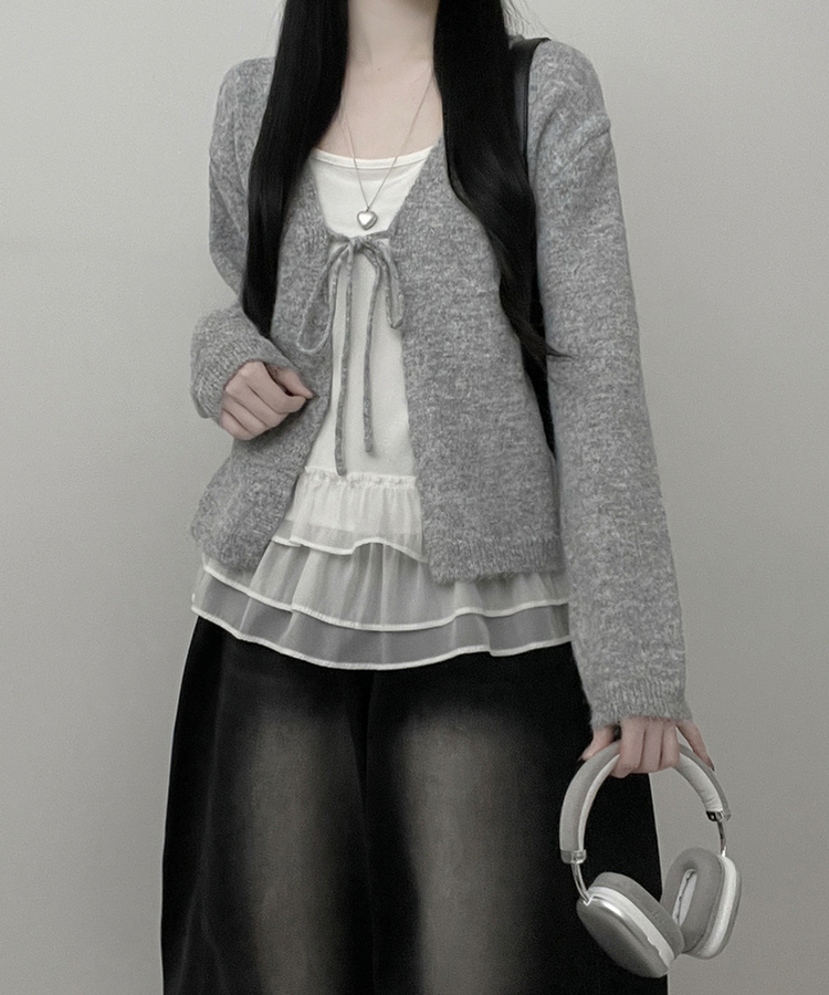 럽유프릴레이어드나시원피스리본끈니트가디건세트 그레이