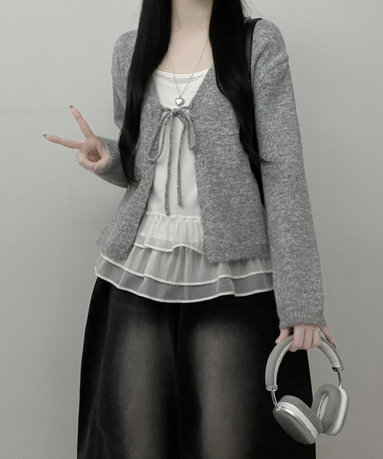 럽유프릴레이어드나시원피스리본끈니트가디건세트 그레이