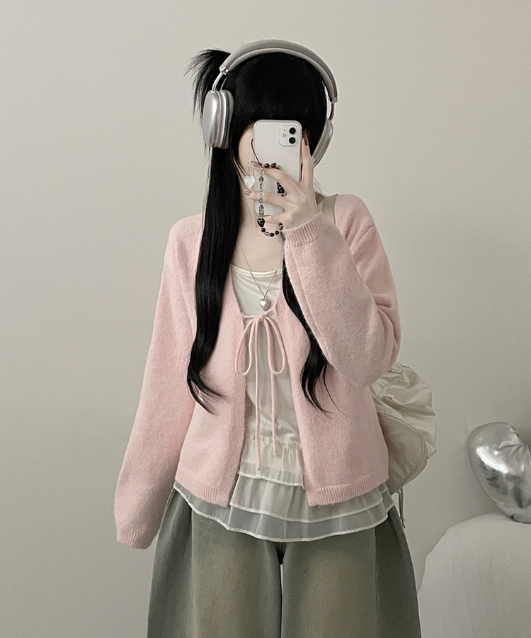 럽유프릴레이어드나시원피스리본끈니트가디건세트 핑크