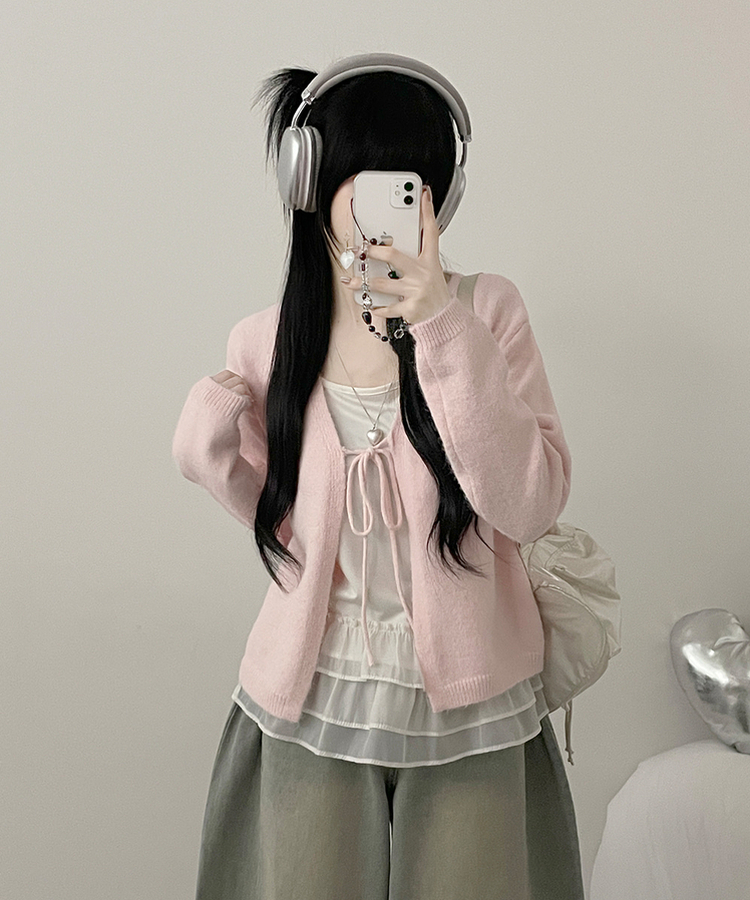 럽유프릴레이어드나시원피스리본끈니트가디건세트 핑크