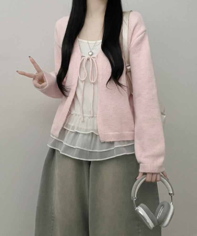 럽유프릴레이어드나시원피스리본끈니트가디건세트 핑크