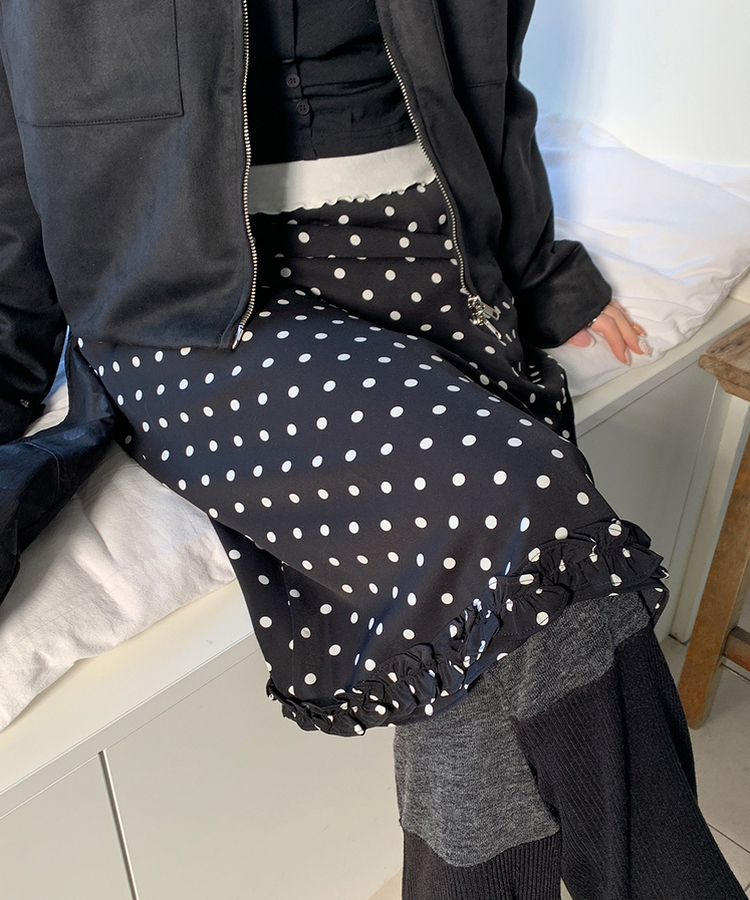 ドットフリルミディスカート BLACK