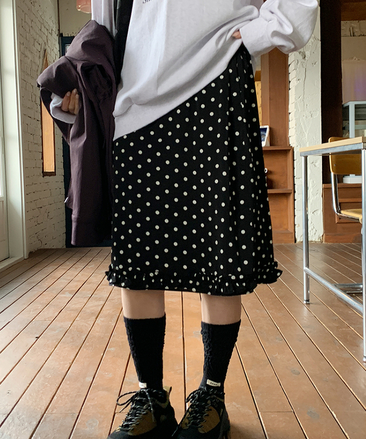 ドットフリルミディスカート BLACK