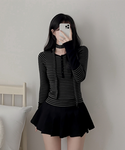 【タイ付き】ボーダーバイカラー長袖Tシャツ CHARCOAL