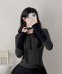 【タイ付き】ボーダーバイカラー長袖Tシャツ CHARCOAL