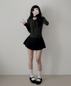 【タイ付き】ボーダーバイカラー長袖Tシャツ CHARCOAL