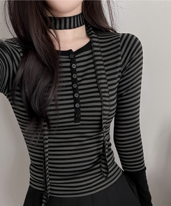 【タイ付き】ボーダーバイカラー長袖Tシャツ CHARCOAL