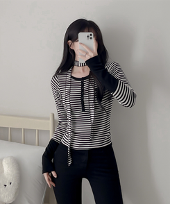 【タイ付き】ボーダーバイカラー長袖Tシャツ IVORY