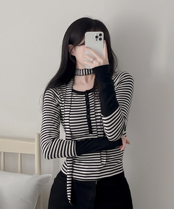 【タイ付き】ボーダーバイカラー長袖Tシャツ IVORY