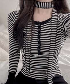 【タイ付き】ボーダーバイカラー長袖Tシャツ IVORY