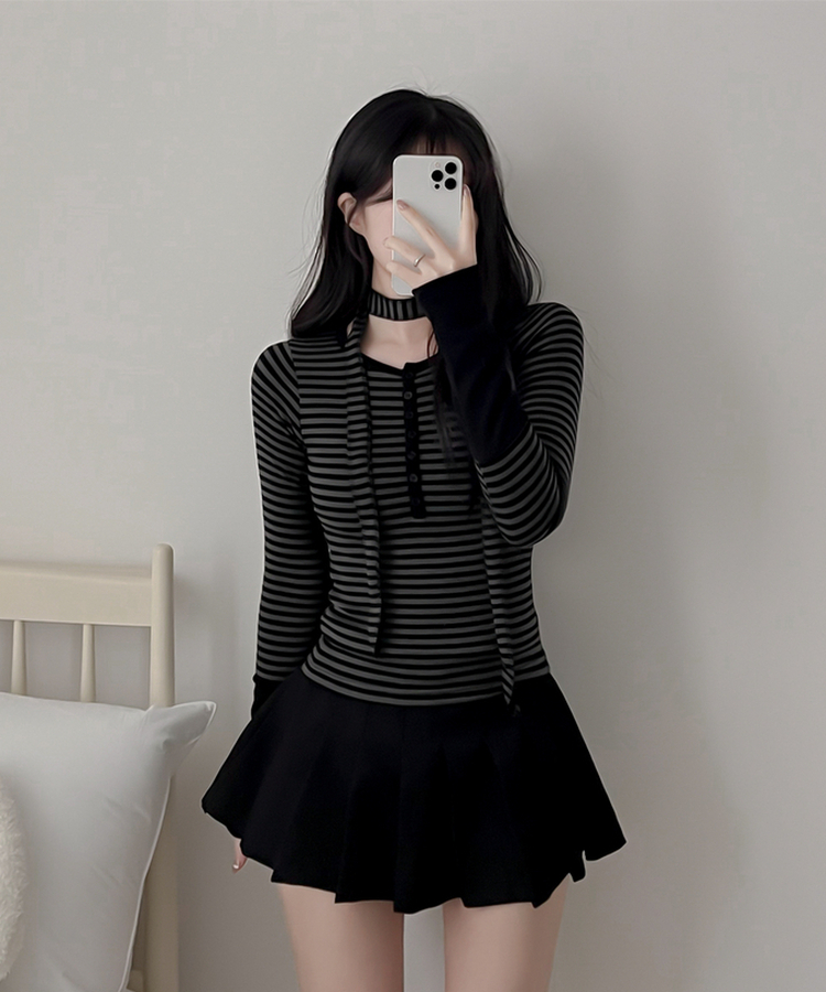 【タイ付き】ボーダーバイカラー長袖Tシャツ CHARCOAL