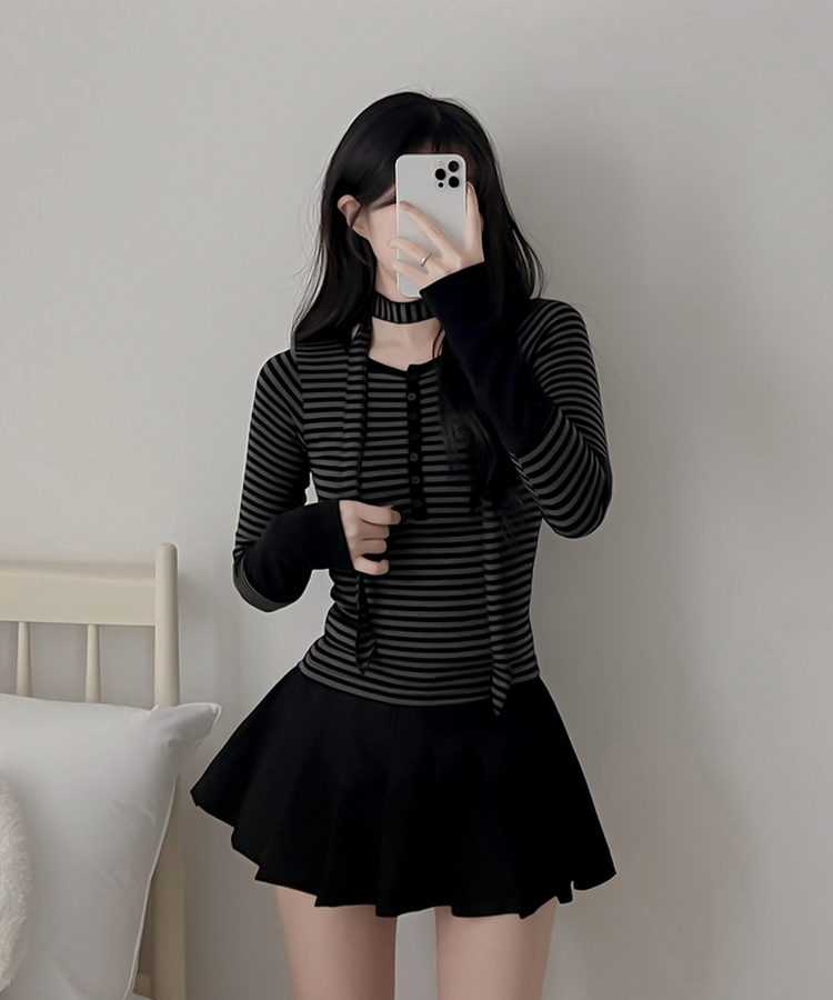 【タイ付き】ボーダーバイカラー長袖Tシャツ CHARCOAL