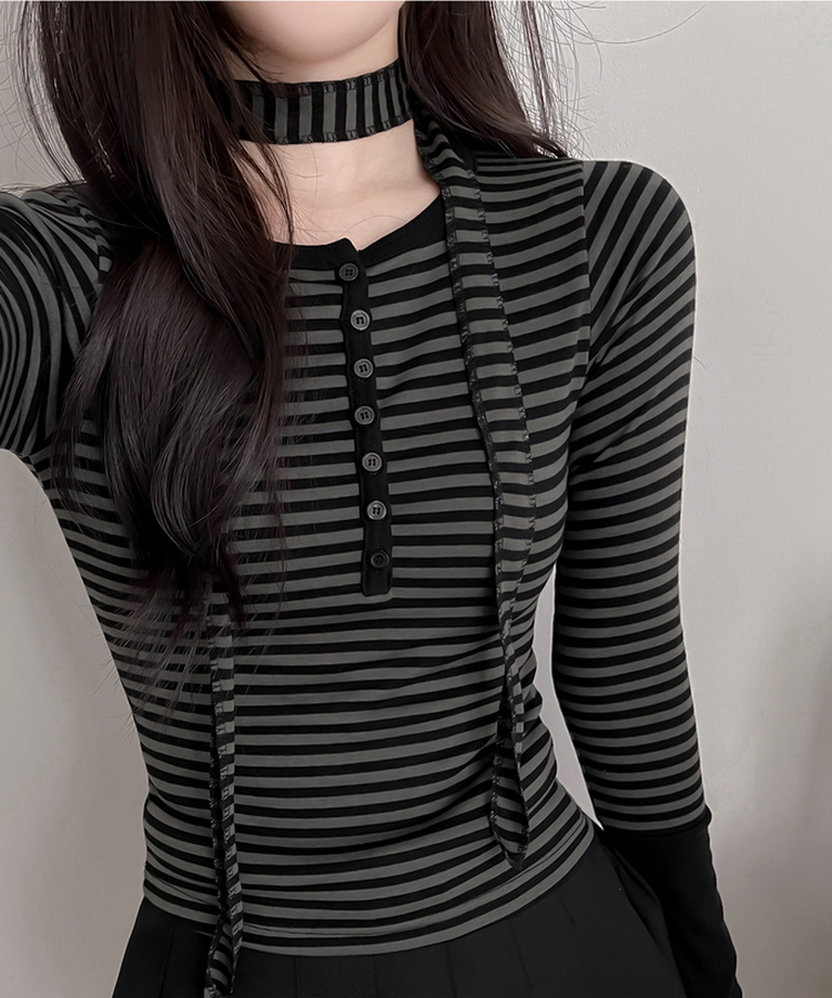 【タイ付き】ボーダーバイカラー長袖Tシャツ CHARCOAL