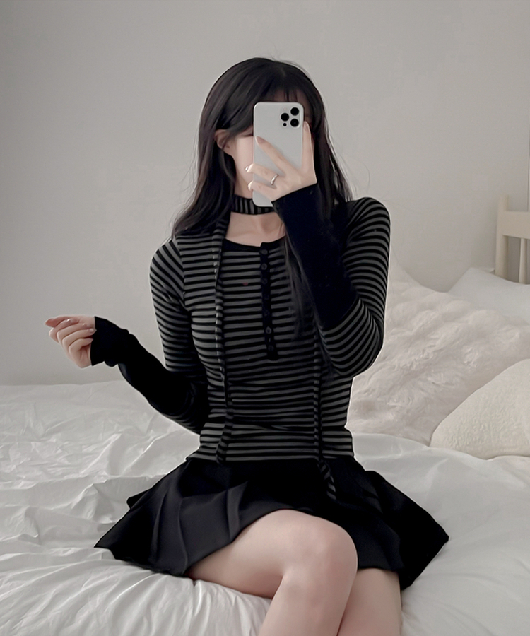 【タイ付き】ボーダーバイカラー長袖Tシャツ CHARCOAL