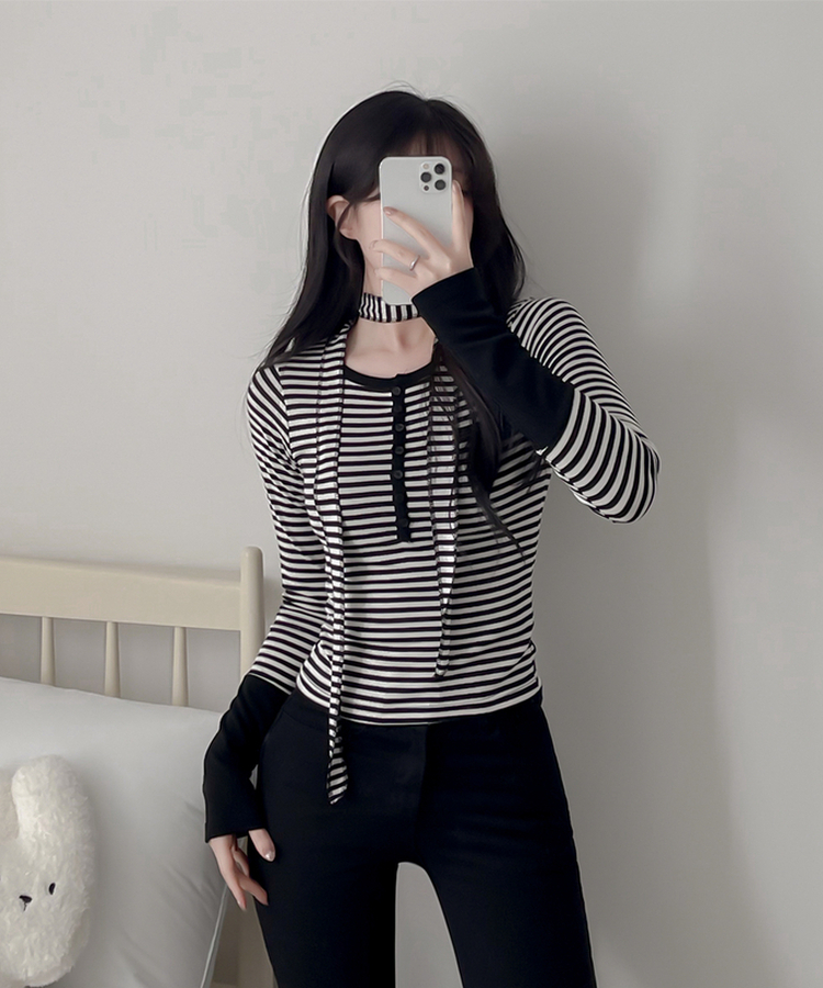 【タイ付き】ボーダーバイカラー長袖Tシャツ IVORY